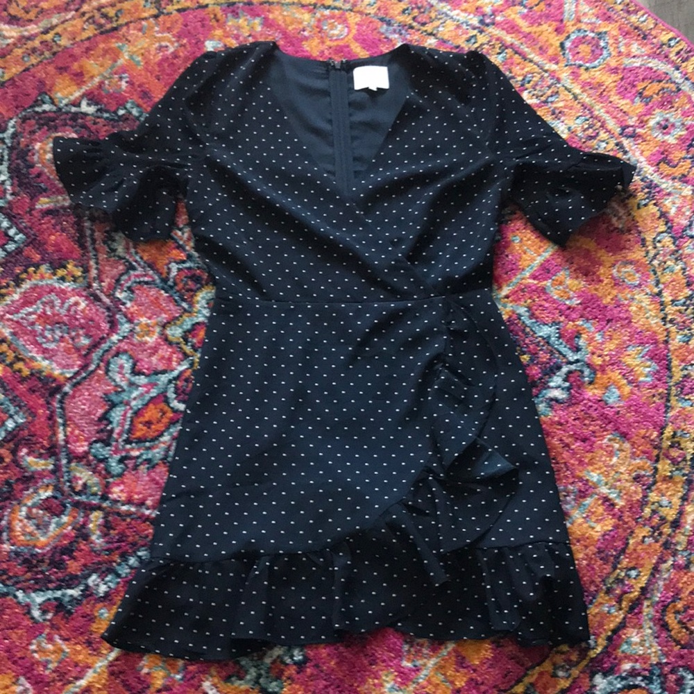 Polka dot navy faux wrap dress